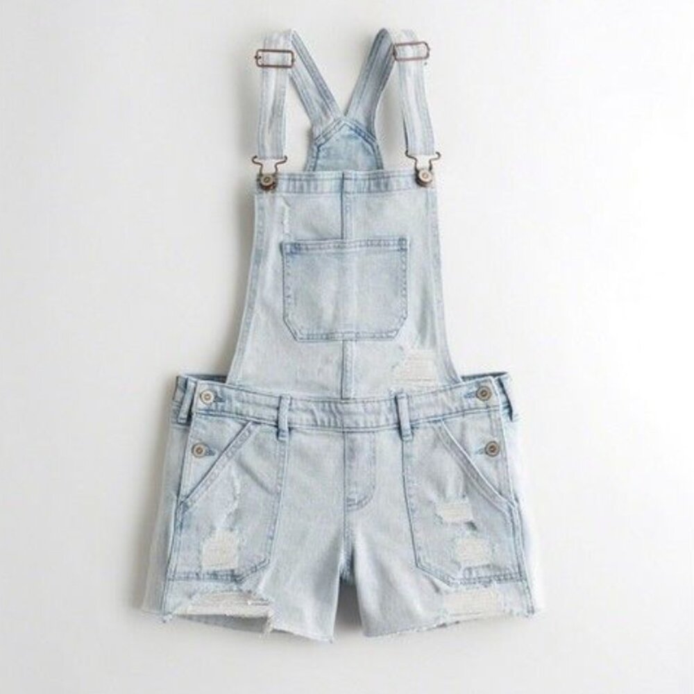 Hollister Boyfriend Short Overall Light Wash Distressed Shortalls Size Large